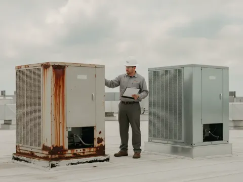 Comparing old and new rooftop HVAC units during a repair assessment in Aubrey