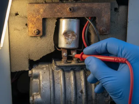 Multimeter testing RV air conditioner capacitor during repair in Aubrey