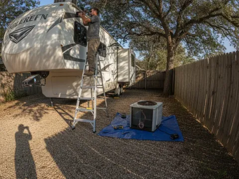 Technician comparing old and new RV air conditioner units in Aubrey driveway