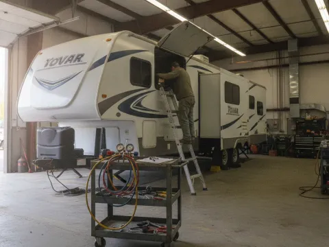 RV parked in HVAC shop bay for seasonal air conditioner inspection in Aubrey