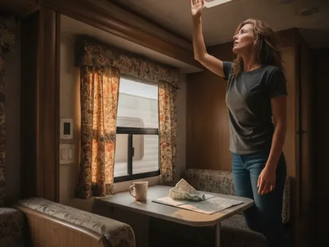RV owner checking ceiling vent airflow before repair call in Aubrey