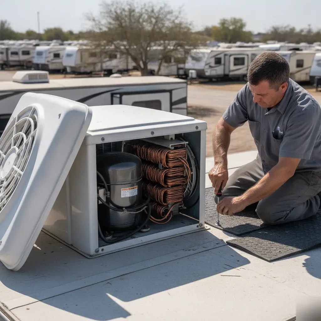 Technician repairs a rooftop RV air conditioning unit in Aubrey