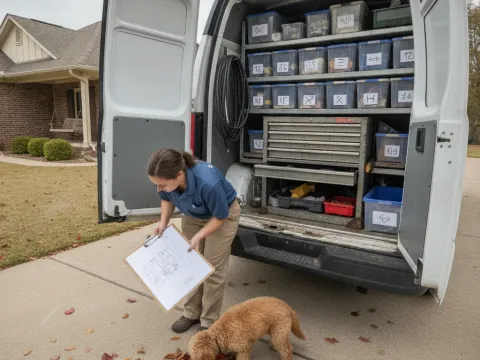 Technician reviewing work order beside service van before scheduling heating maintenance in Providence Village