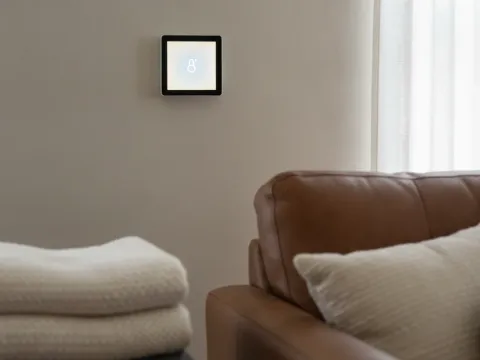 Finished smart thermostat mounted cleanly on living room wall in Aubrey home