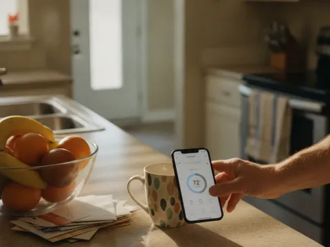 Homeowner checks smart thermostat app on phone in Aubrey kitchen