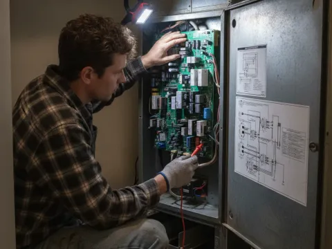 Technician wires multi-stage furnace control board for smart thermostat in Aubrey