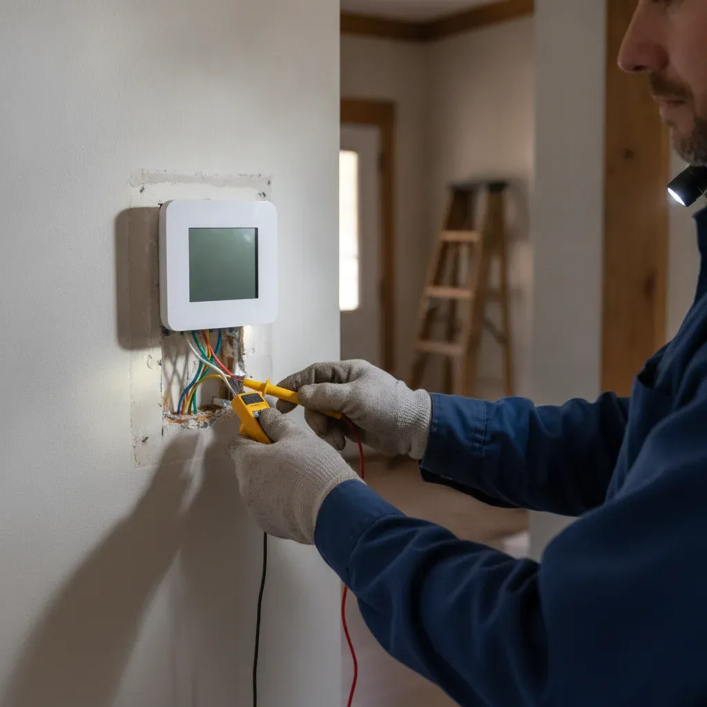 Technician checks thermostat wiring before an integration install in Aubrey