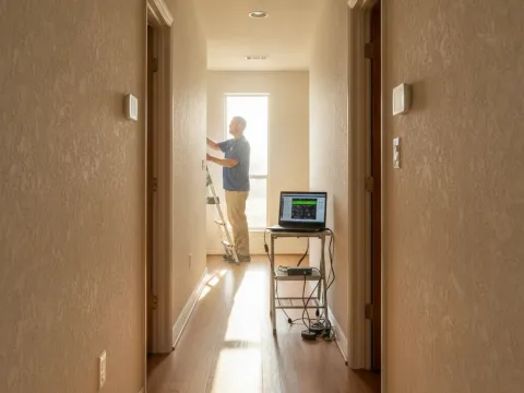 Technician configures zoned thermostat system in Aubrey home hallway