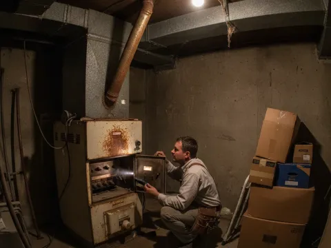 Technician inspecting a standard-efficiency furnace during an Aubrey home visit