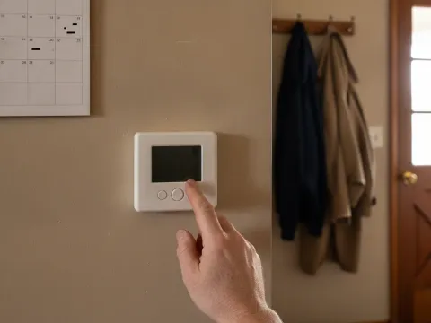 Homeowner checking thermostat before booking heating repair in Providence Village