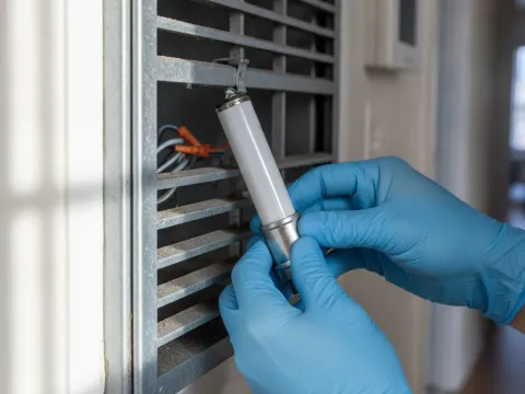 Close-up of UV lamp installation near dusty HVAC return grille in Aubrey