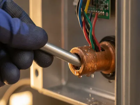 Close-up of technician testing copper VRF branch selector box during Aubrey commercial repair