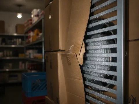 Boxes blocking cooler vent airflow causing overload issue in Aubrey stockroom