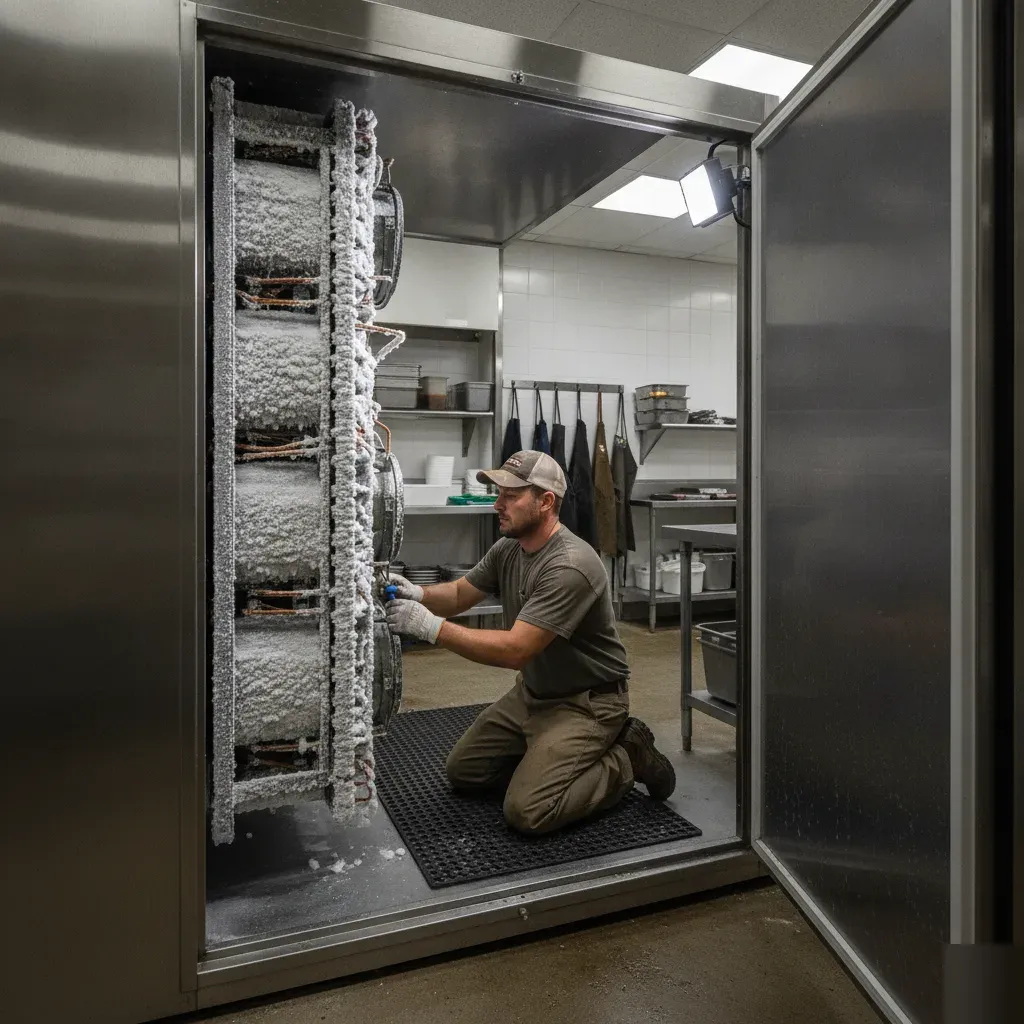 Frosted evaporator coil inside a walk-in cooler during a repair visit in Aubrey