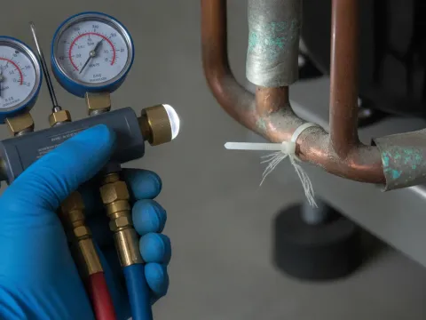 Gauge manifold reading refrigerant pressure on cooler compressor in Aubrey