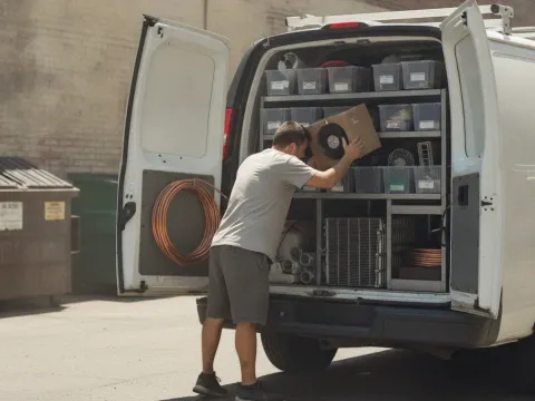 Technician retrieving parts from service van outside Aubrey restaurant in summer heat