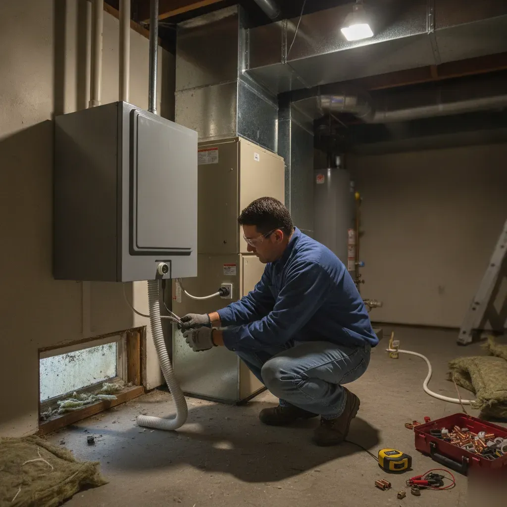 Furnace and ductwork setup ready for a whole-house dehumidifier install in an Aubrey home