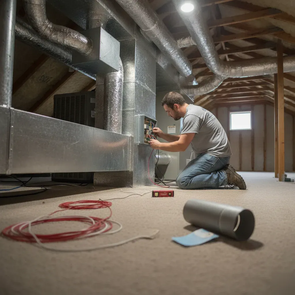 Technician installing a zoned AC control damper in an Aubrey home's attic
