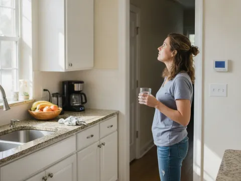Homeowner checking thermostat in Aubrey kitchen after zoned AC control install
