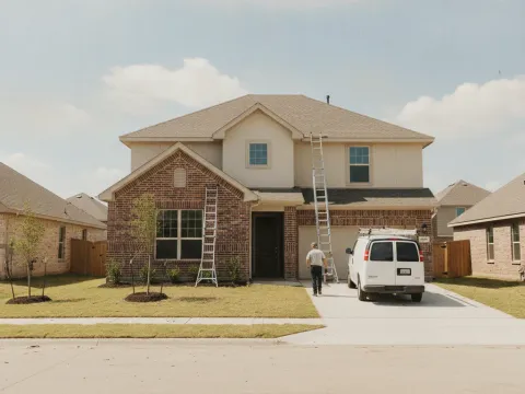 Technician arriving at new two-story Aubrey home for zoned AC control installation