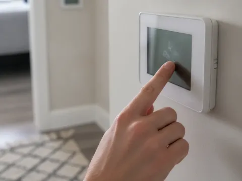 Close-up hand adjusting zoned AC control thermostat in Aubrey upstairs hallway