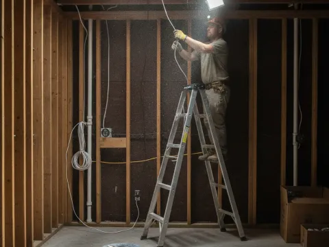 Technician running zoned AC control wiring through garage wall in Aubrey home